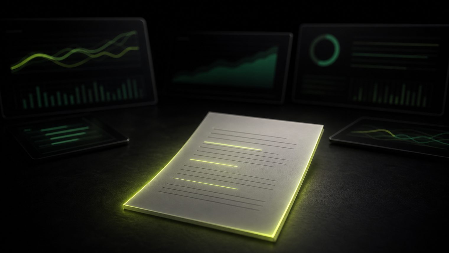 A single glowing analyst letter on a dark desk surrounded by dim unread dashboards