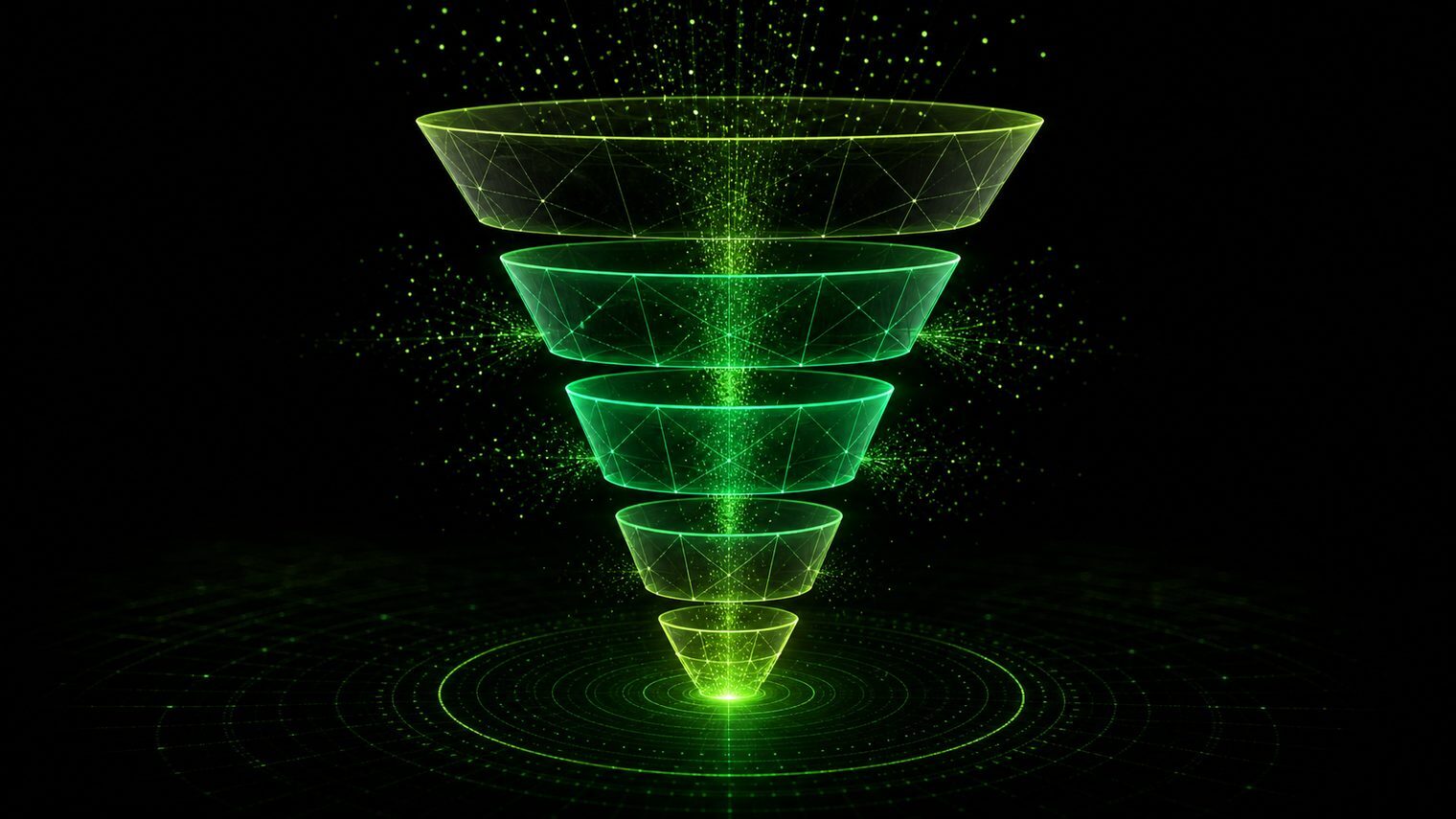 A wireframe funnel lighting up in green as data flows through its previously invisible middle sections