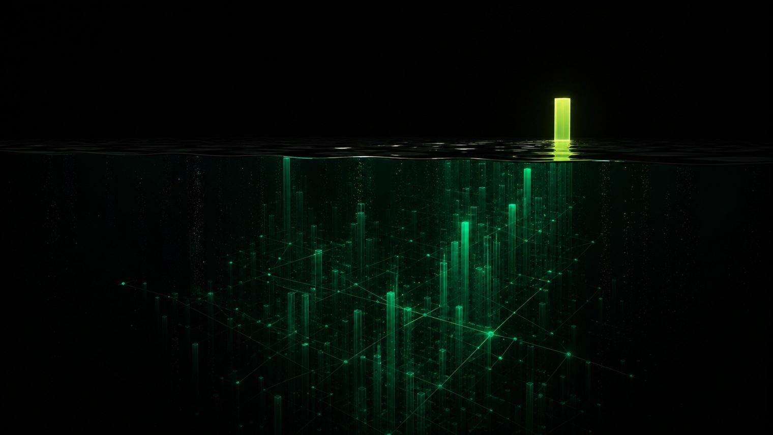 One bright measured bar rising above a dark waterline while a vast unmeasured structure sits beneath the surface
