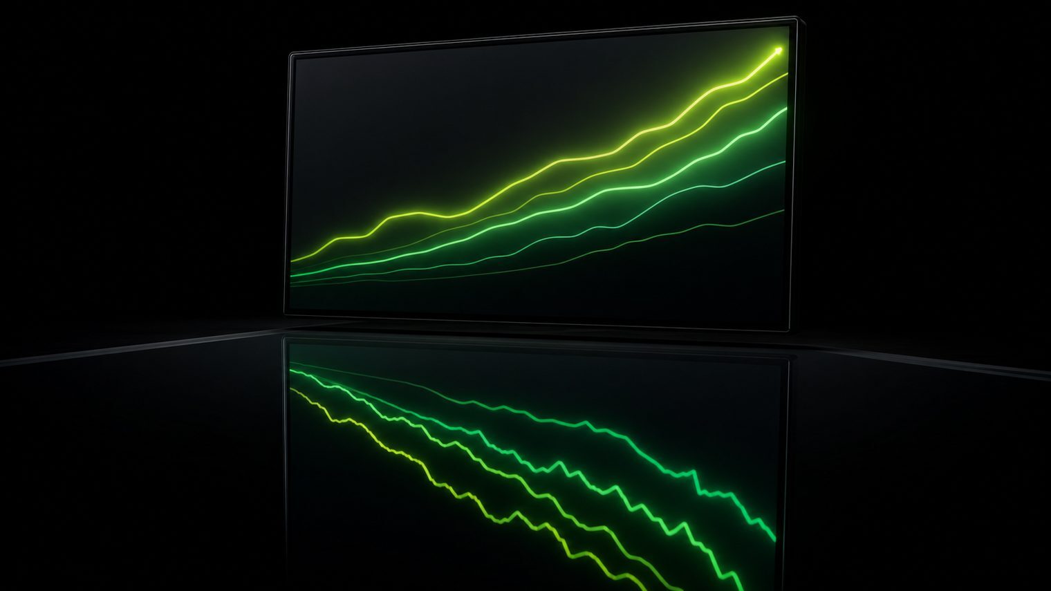 A dashboard showing rising charts while its reflection shows falling lines