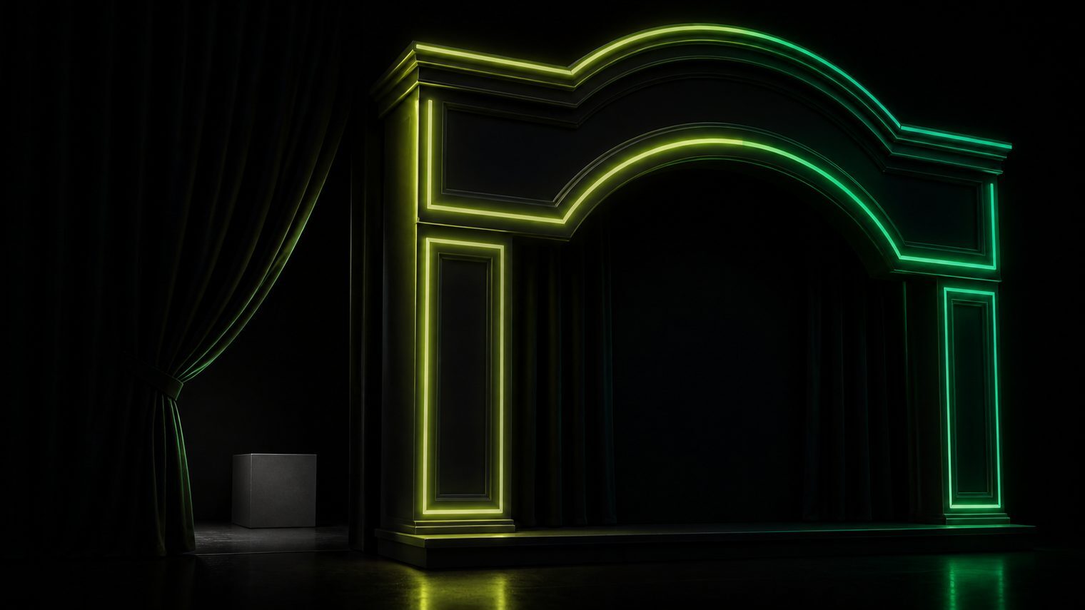A grand glowing facade concealing a small plain box behind it, the AI theatre trap