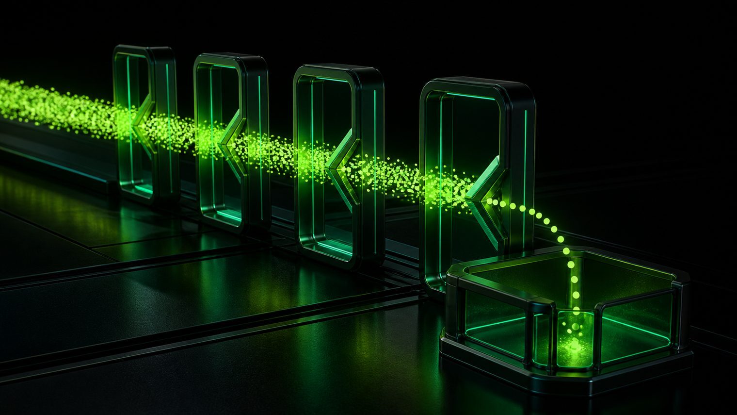A stream of data passing through gate frames with one item deflected, representing guardrails and testing