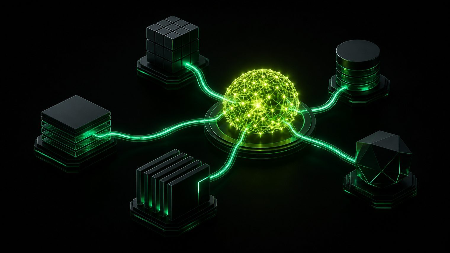 Abstract visualisation of AI integration: a glowing core connected to dark blocks representing business systems