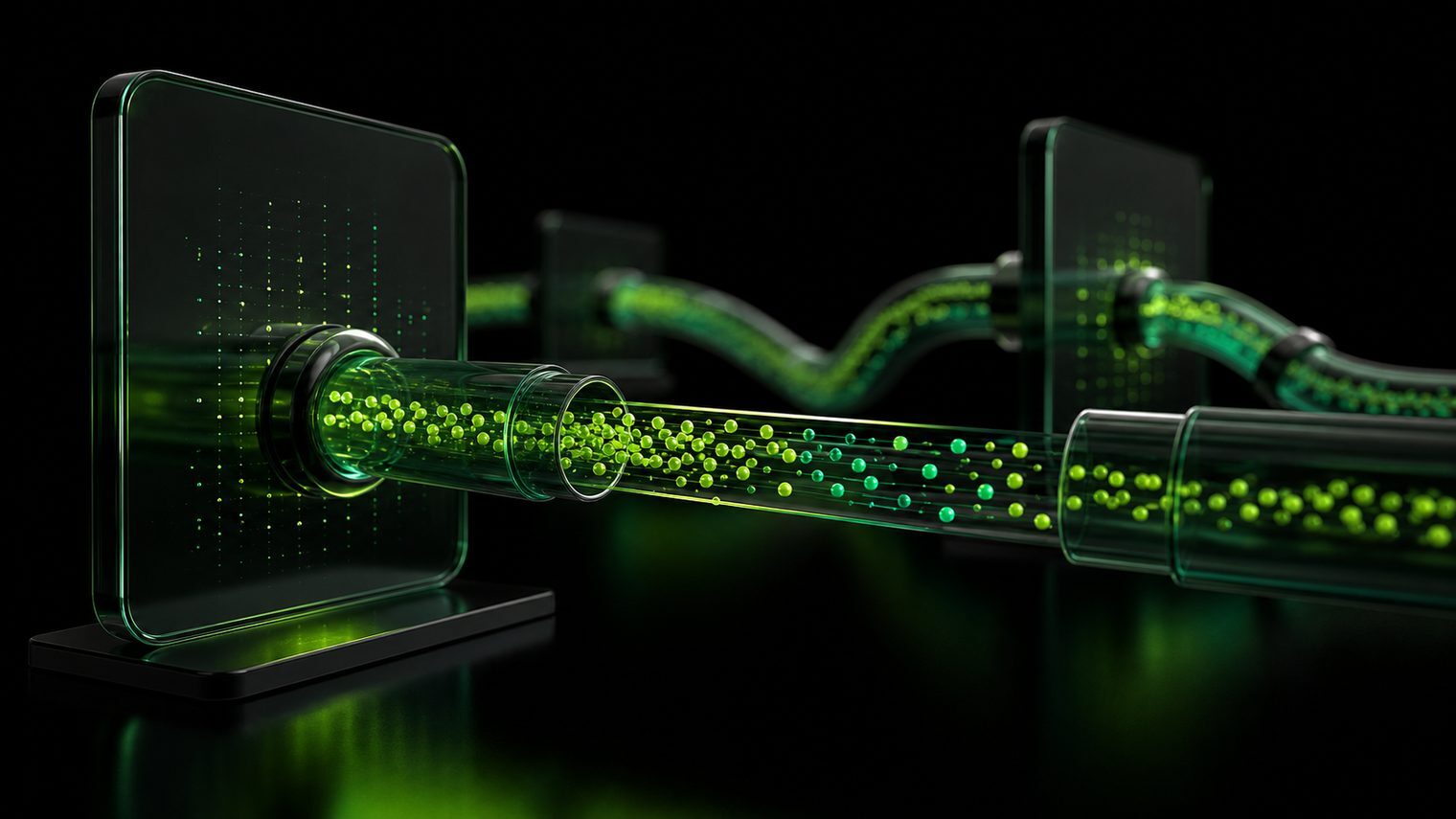 Data flowing through translucent pipes between dark glass panels, the plumbing of AI integration