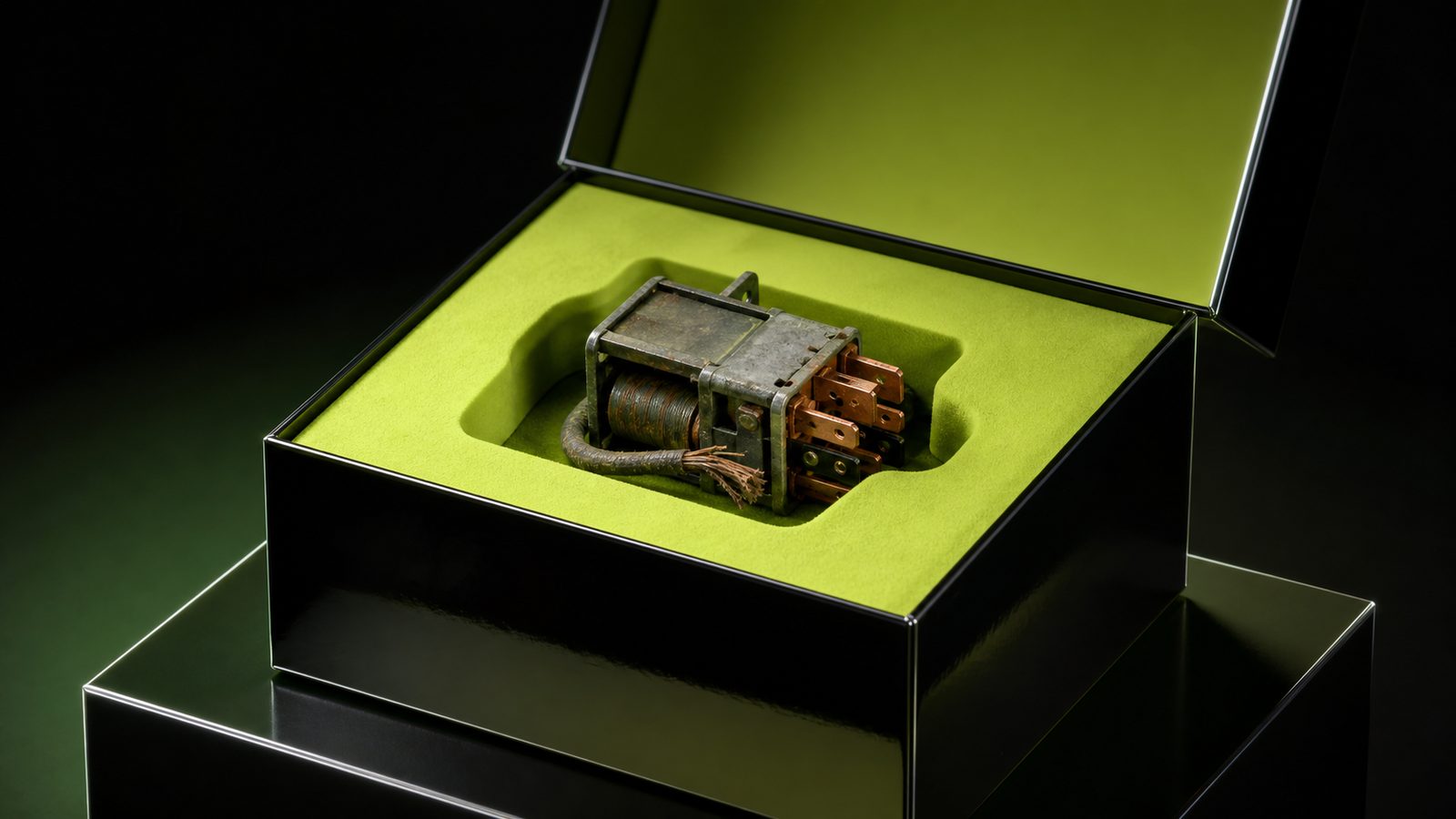 An expensive product box open on a display plinth with a single old mechanical relay sitting in the moulded foam