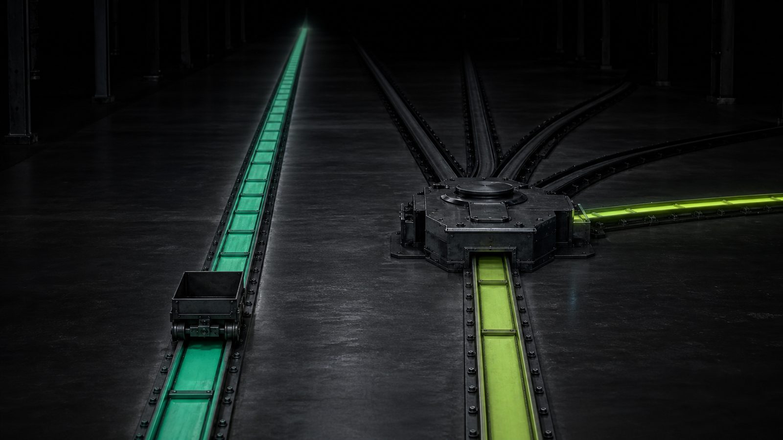 A single straight rail carrying one cart, beside a second rail that runs into a heavy junction box where four routes fan out and one is lit