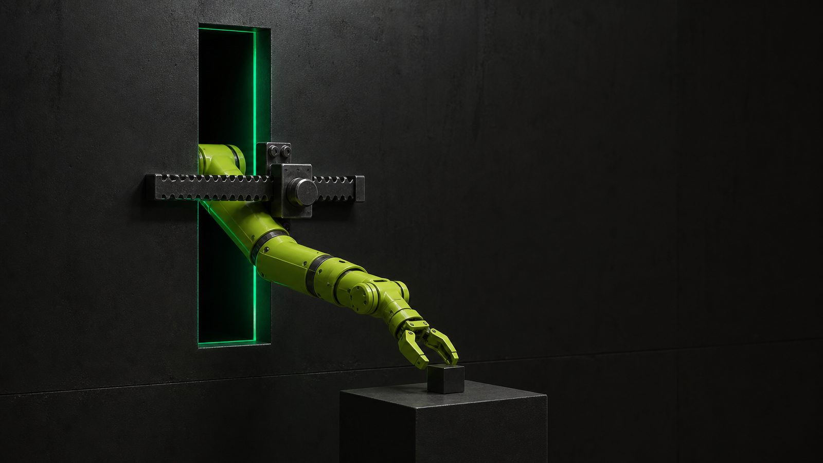 A robotic arm reaching through a narrow slot in a solid wall, held by a ratchet stop so it can reach the plinth in front of it and nothing beyond