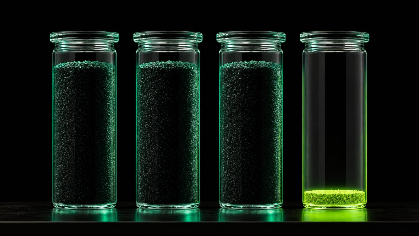 Four laboratory jars in a row, the first three filled almost to the top and the fourth holding only a thin bright layer at the bottom