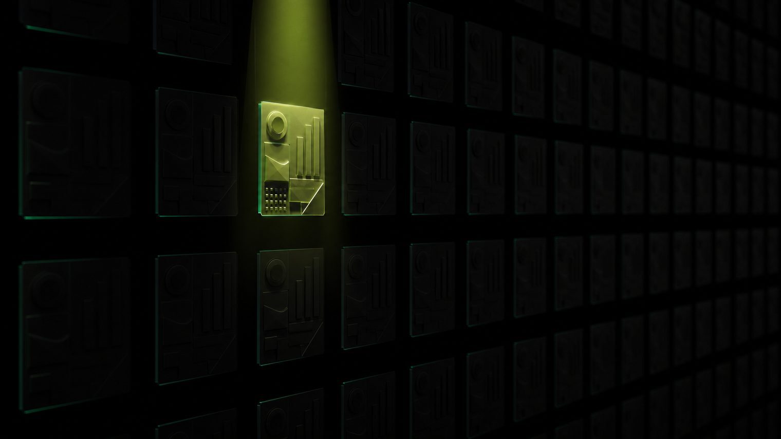 A wall of dim identical data cards with one card illuminated under a spotlight