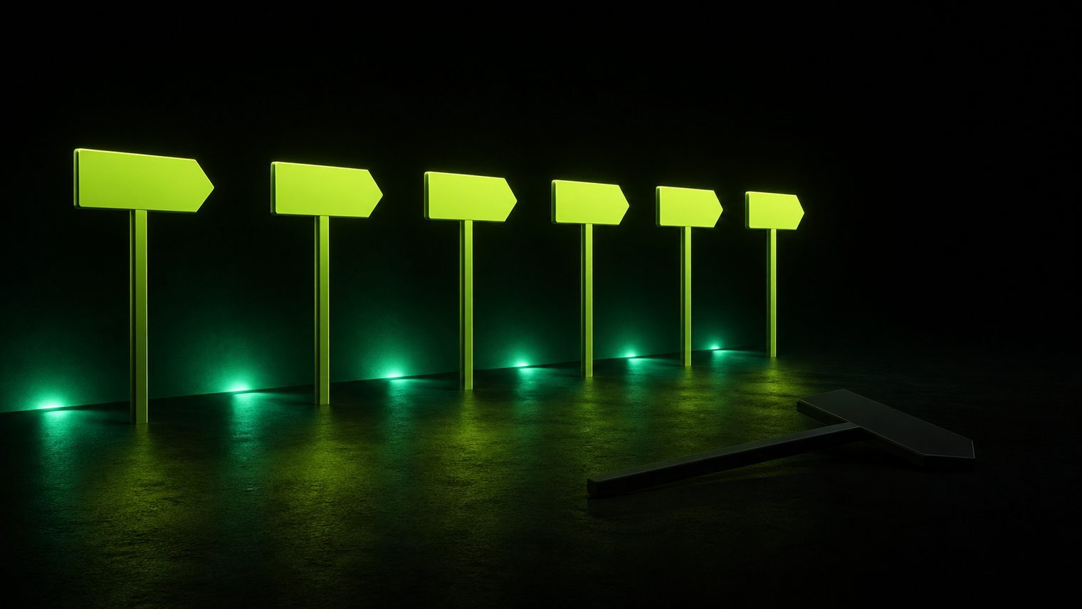 A row of bright glowing signposts with one unlit signpost fallen in shadow