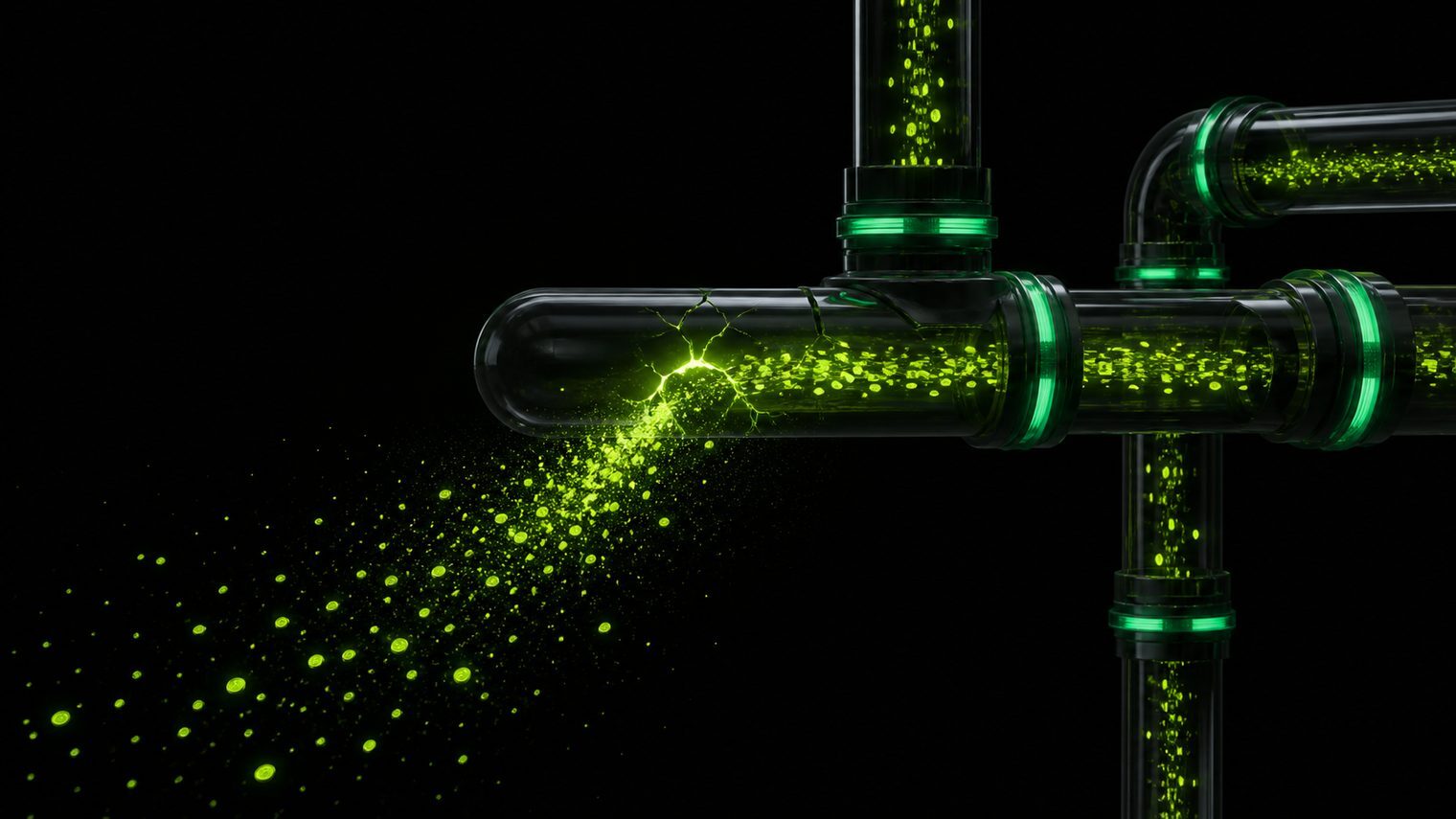 Glowing pipework carrying bright particles with a visible leak escaping into the dark