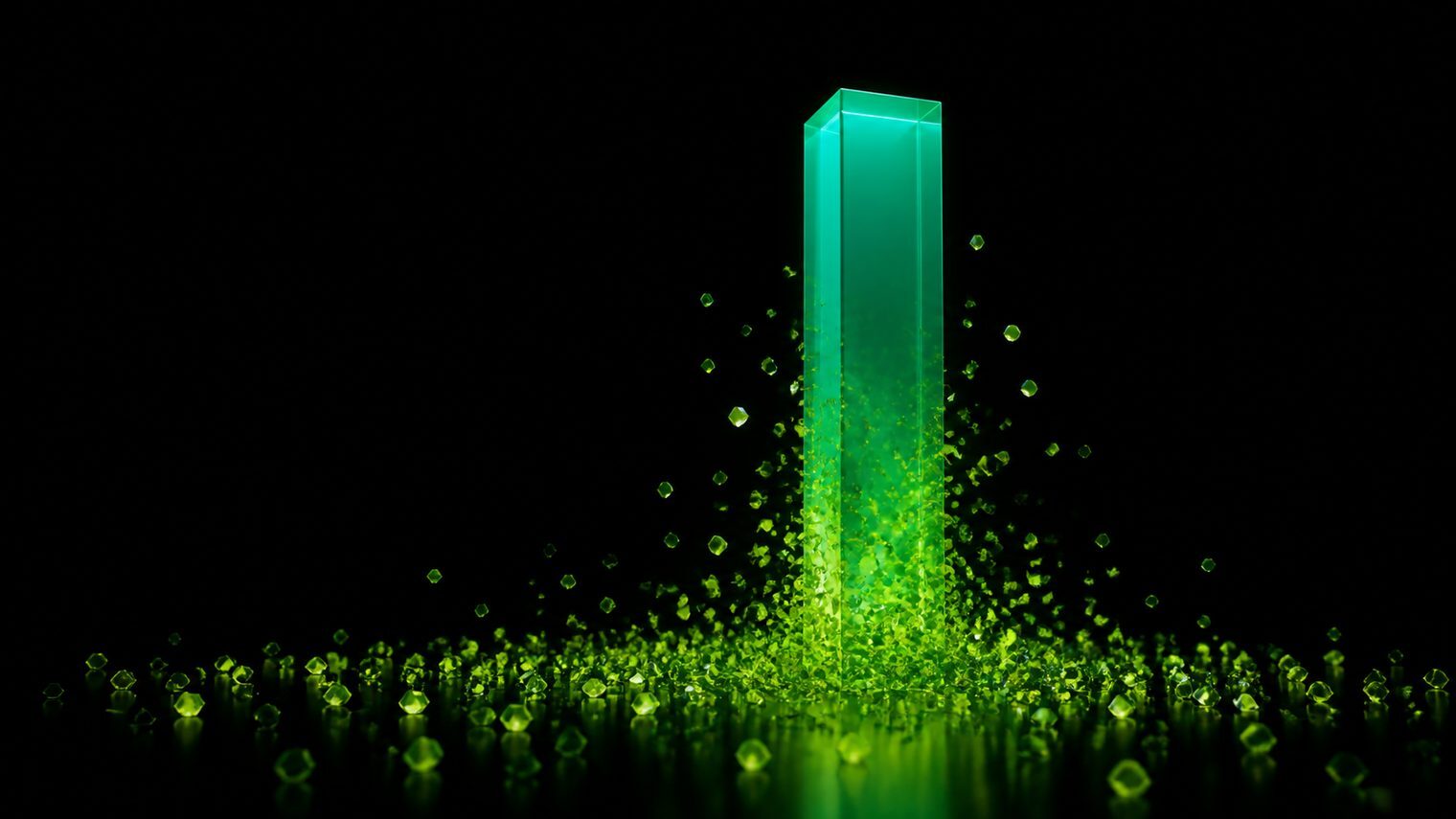 One large smooth glowing bar dissolving into hundreds of tiny uneven fragments