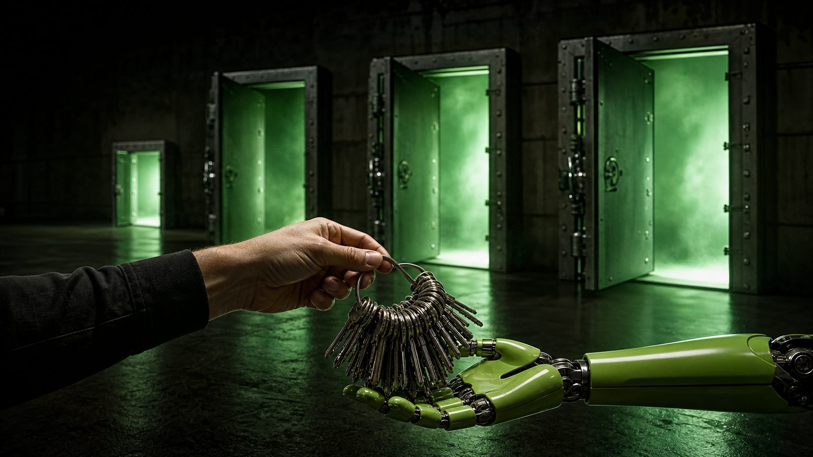 A human hand passing an overloaded ring of keys to a lime green robotic hand, in front of a corridor of four heavy steel doors all standing wide open