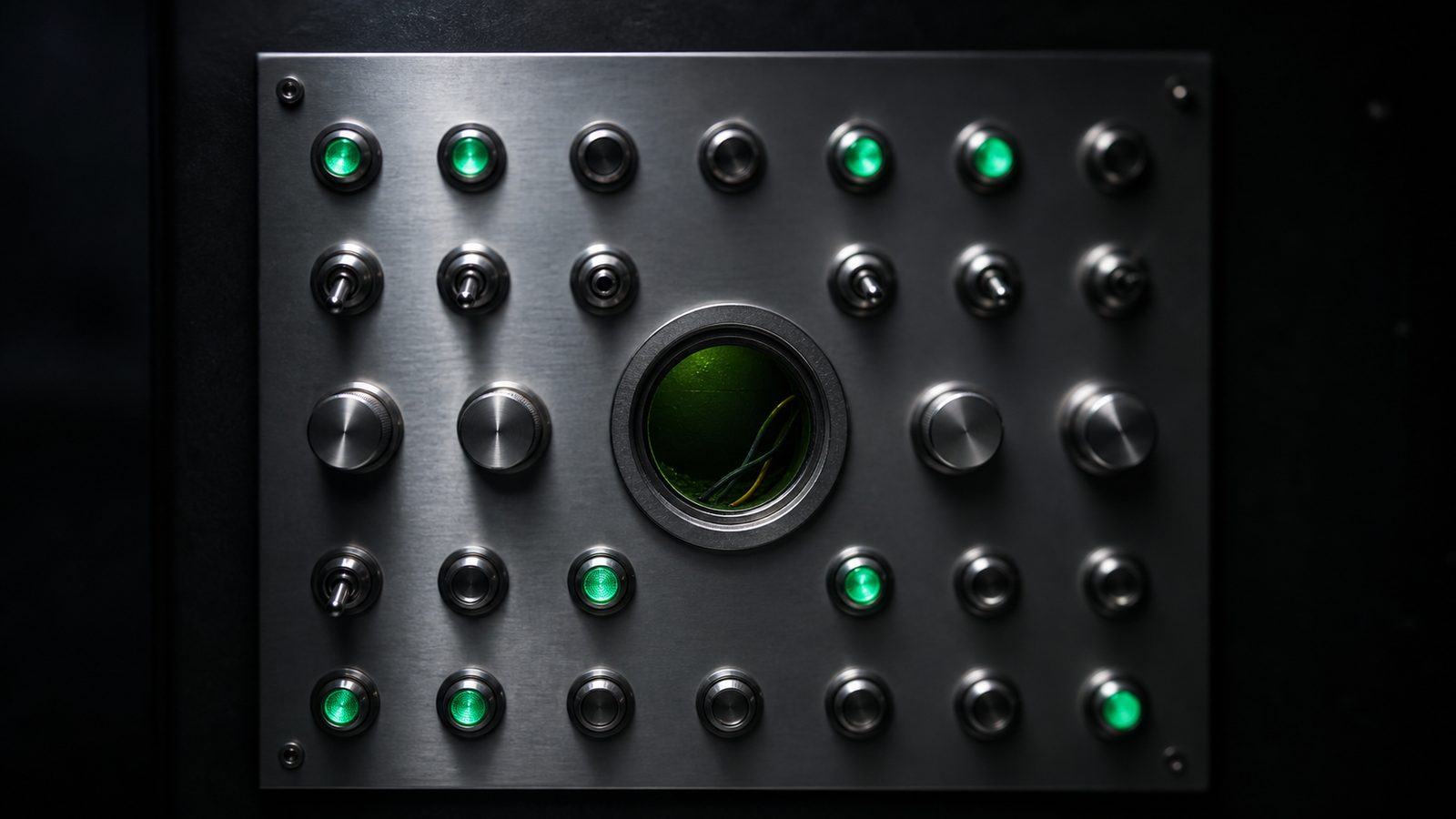 A brushed steel emergency control panel with every switch and dial lit and in order, and an empty socket where the large emergency stop button should be, a few disconnected wires visible inside it