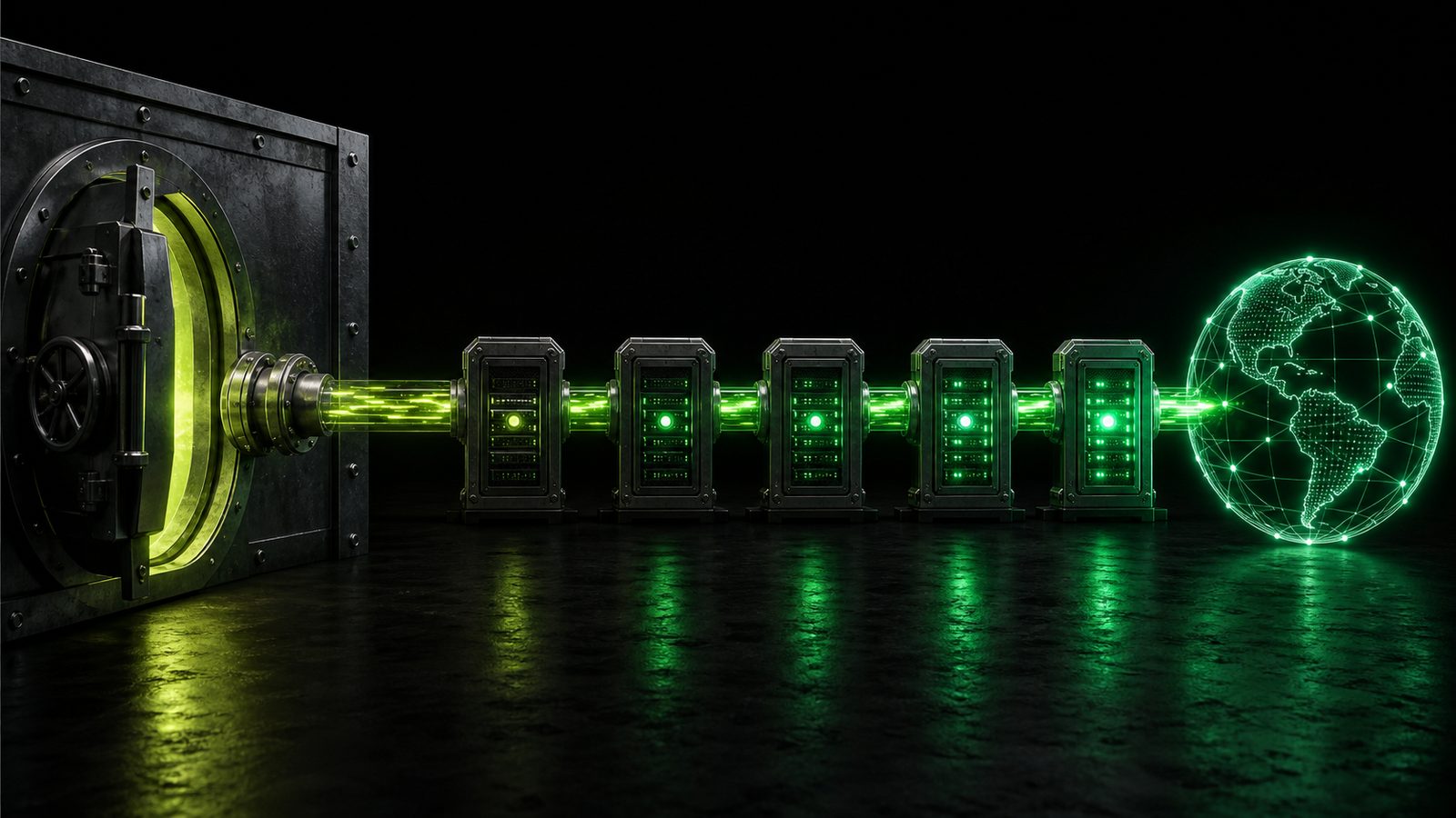 A sealed steel vault with green light flowing back out along its single supply pipe, through a chain of five server racks that light up one after another, ending at a glowing wireframe globe
