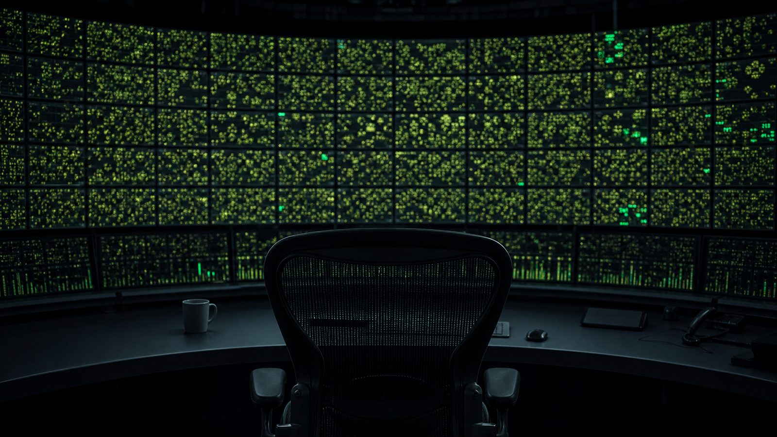 A dark security operations room photographed over an empty chair, facing a curved wall of screens saturated with thousands of tiny green alert markers, a coffee cup left on the desk