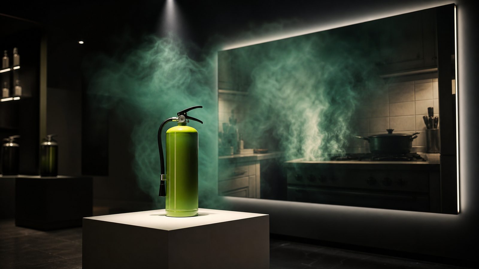 A lime green fire extinguisher lit on a white plinth in a dark showroom, in front of a backlit photograph of a smoke filled kitchen, with real smoke drifting out from behind the plinth into the frame