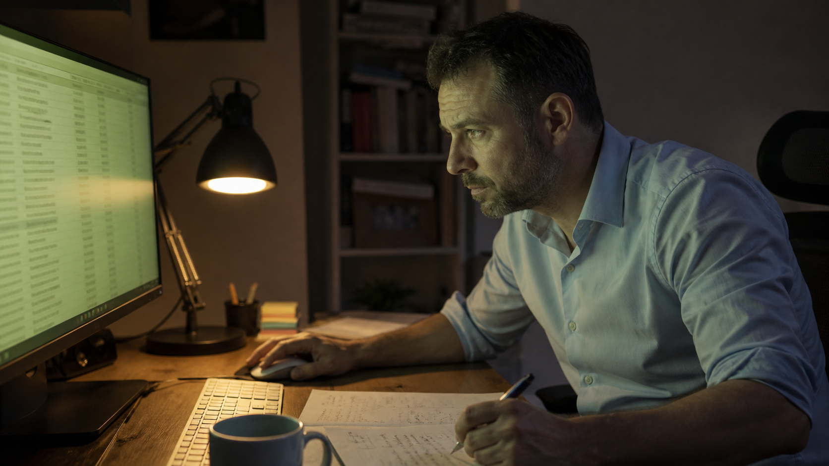 One person alone at a desk in the evening working through a long list of search terms.