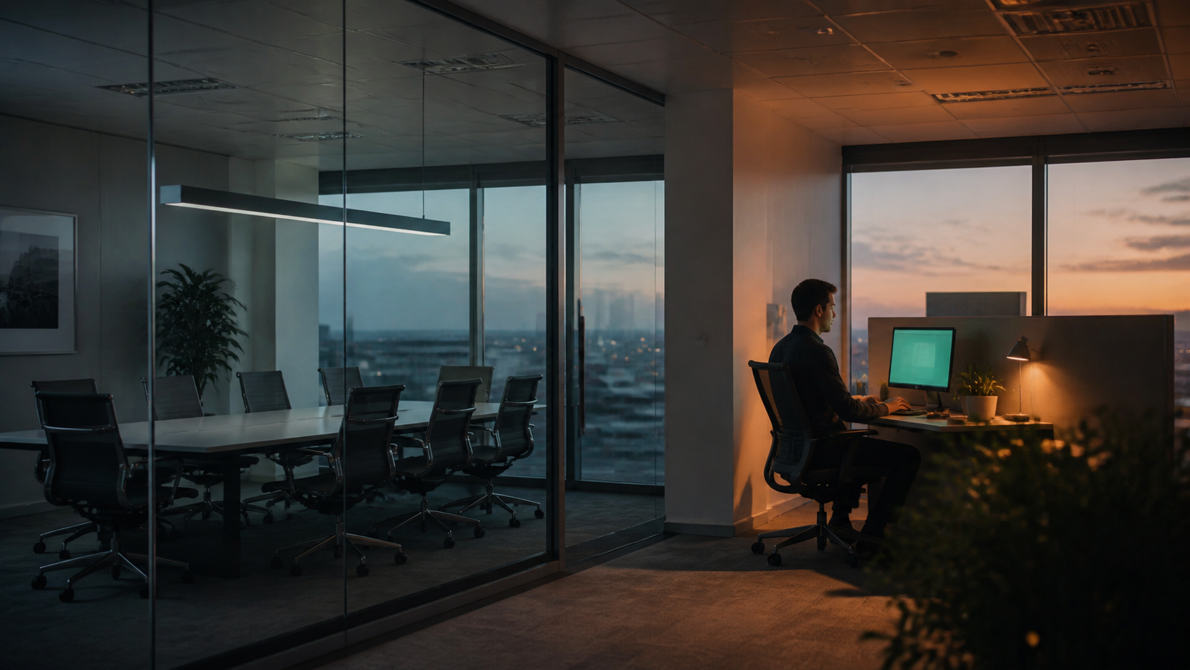 An empty boardroom of eight chairs beside one occupied desk.