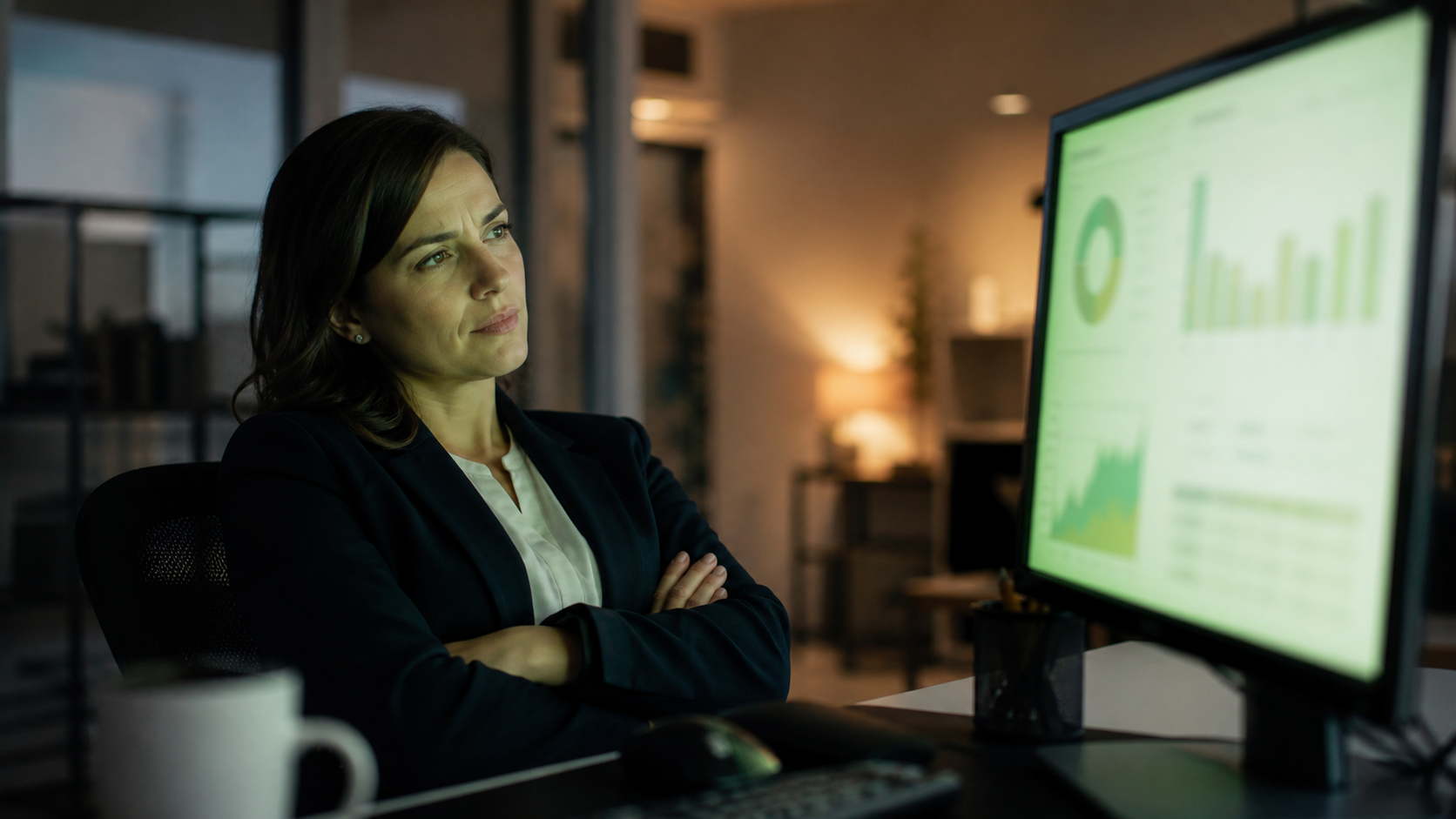 A person leaning close to a screen of analytics, unconvinced.