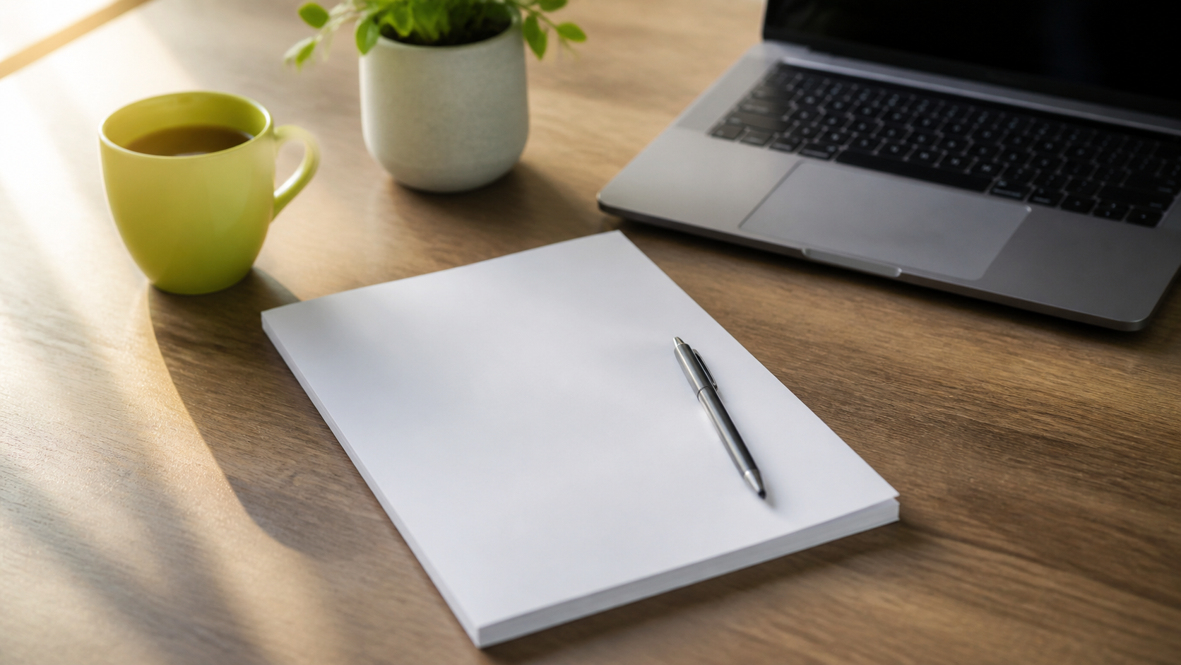 A plain unbranded report cover on a desk beside a client-branded mug.