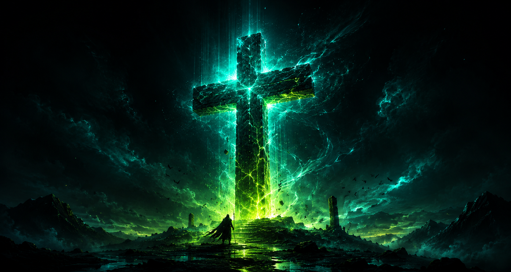 A towering dark cross wreathed in green energy, with a lone human figure standing beneath it.