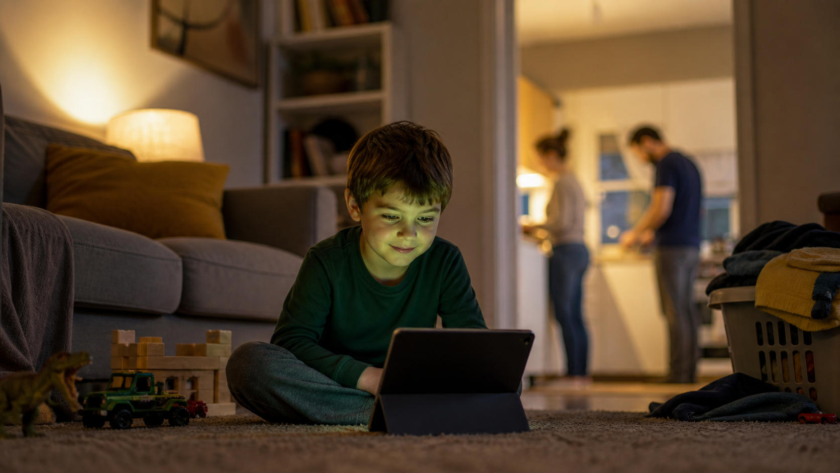 A child sitting cross-legged on a living room floor at dusk, lit by the glow of a tablet, while the rest of the family is visible but out of focus behind them.