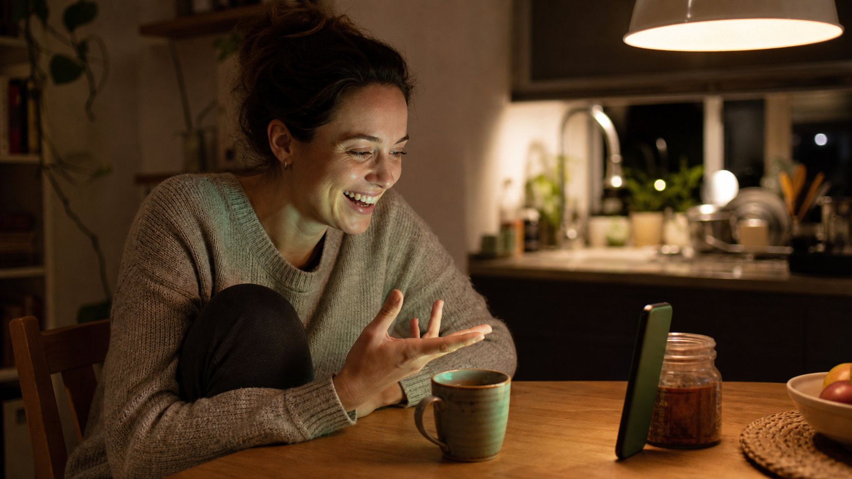 A woman in her thirties at a kitchen table late at night, mug of tea going cold, talking easily to a phone propped against a jar, her face relaxed and lit softly green.