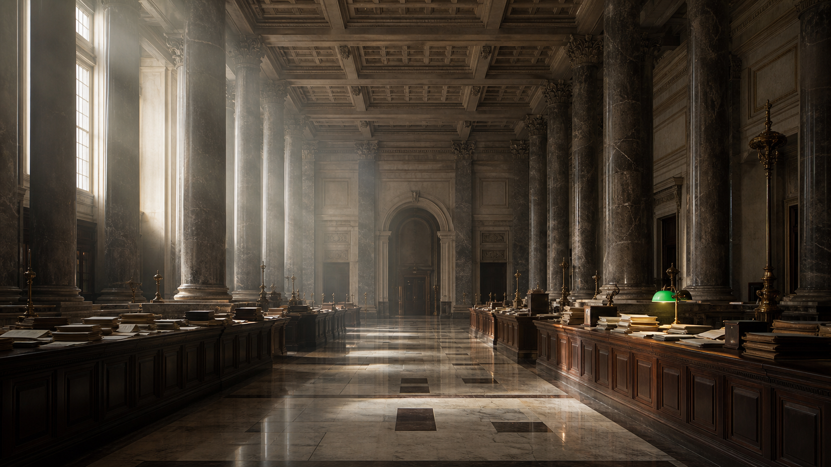 The vast marble hall of an old bank at dawn, empty, with shafts of light falling across counters stacked with ledgers and paperwork.