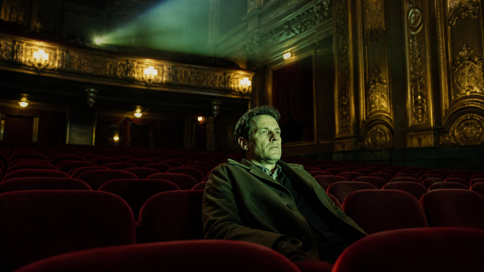 An empty gilded cinema at night, one figure alone in the stalls, the screen throwing green light across rows of empty velvet seats.