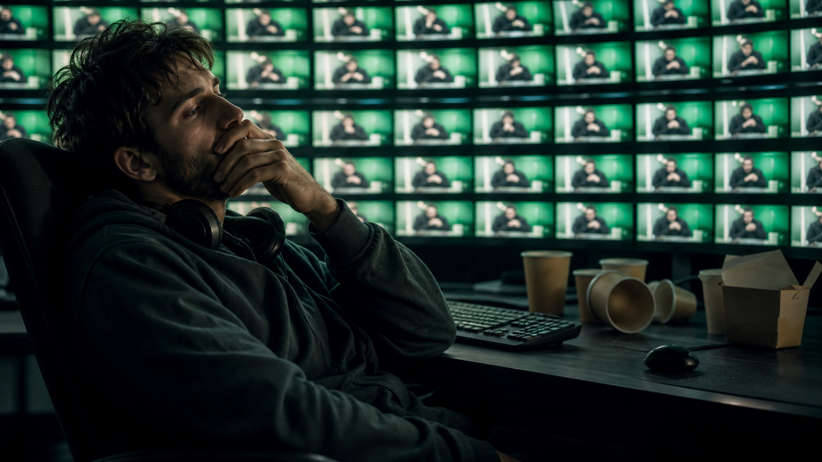 A darkened room at night, a tired man at a desk facing a wall of monitors showing dozens of near-identical film clips, coffee cups everywhere, green light on his face.