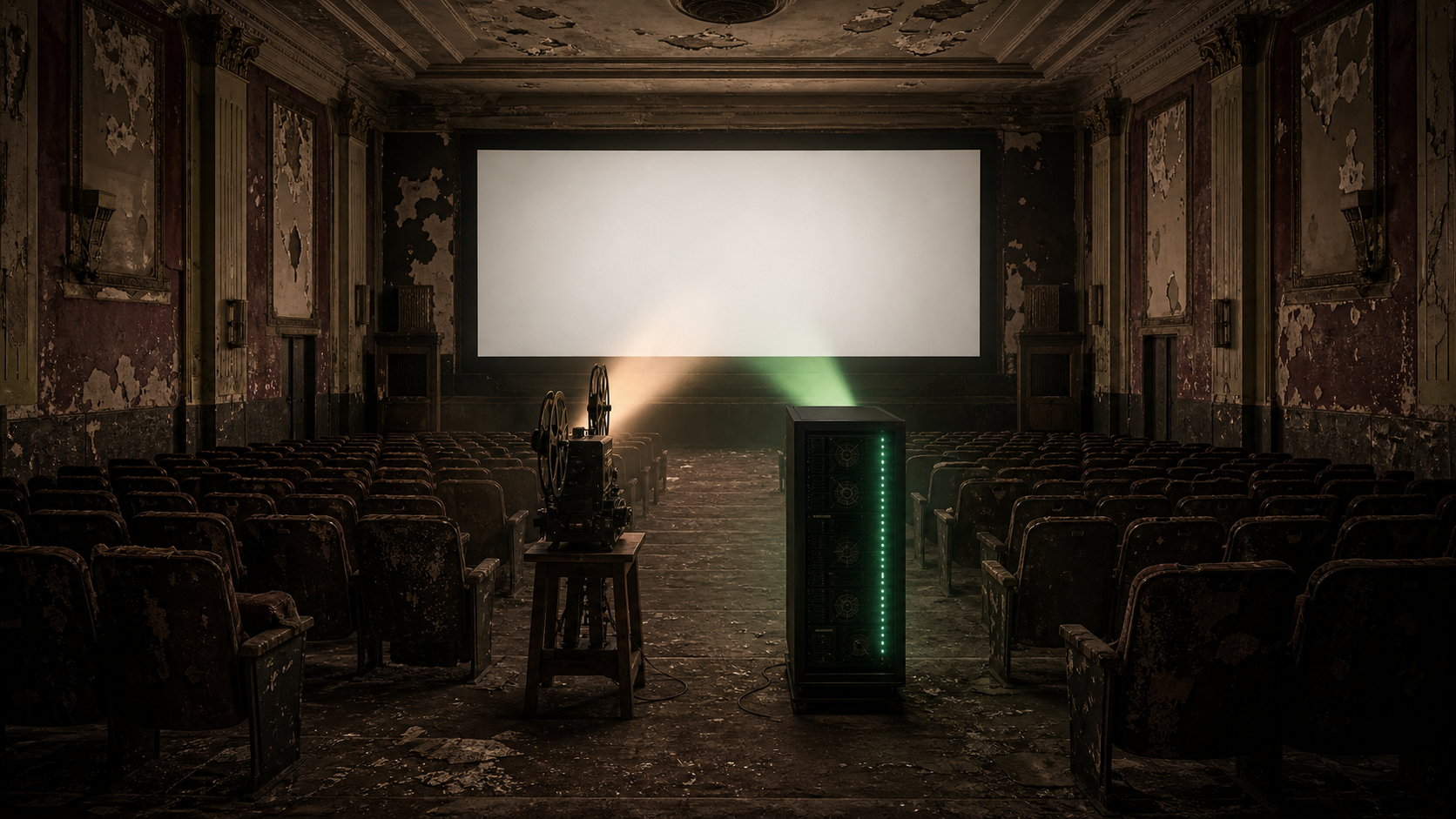 A grand old cinema half in ruin, an antique projector throwing a beam through dust on one side and a modern server rack humming with green lights on the other, both aimed at the same blank screen.