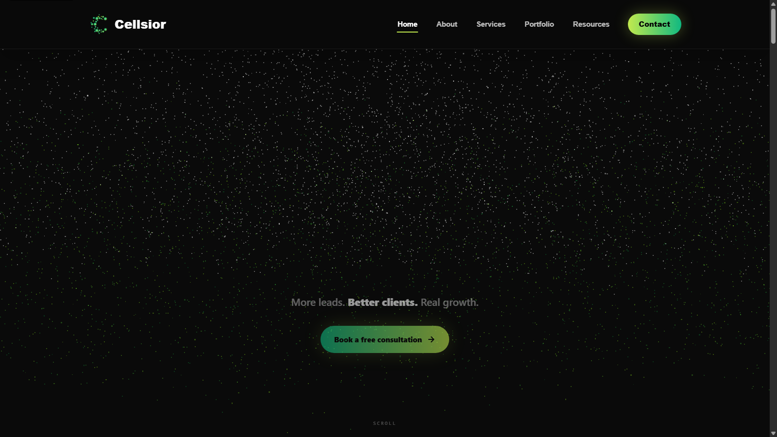 cellsior.com particle hero, hand-coded WordPress