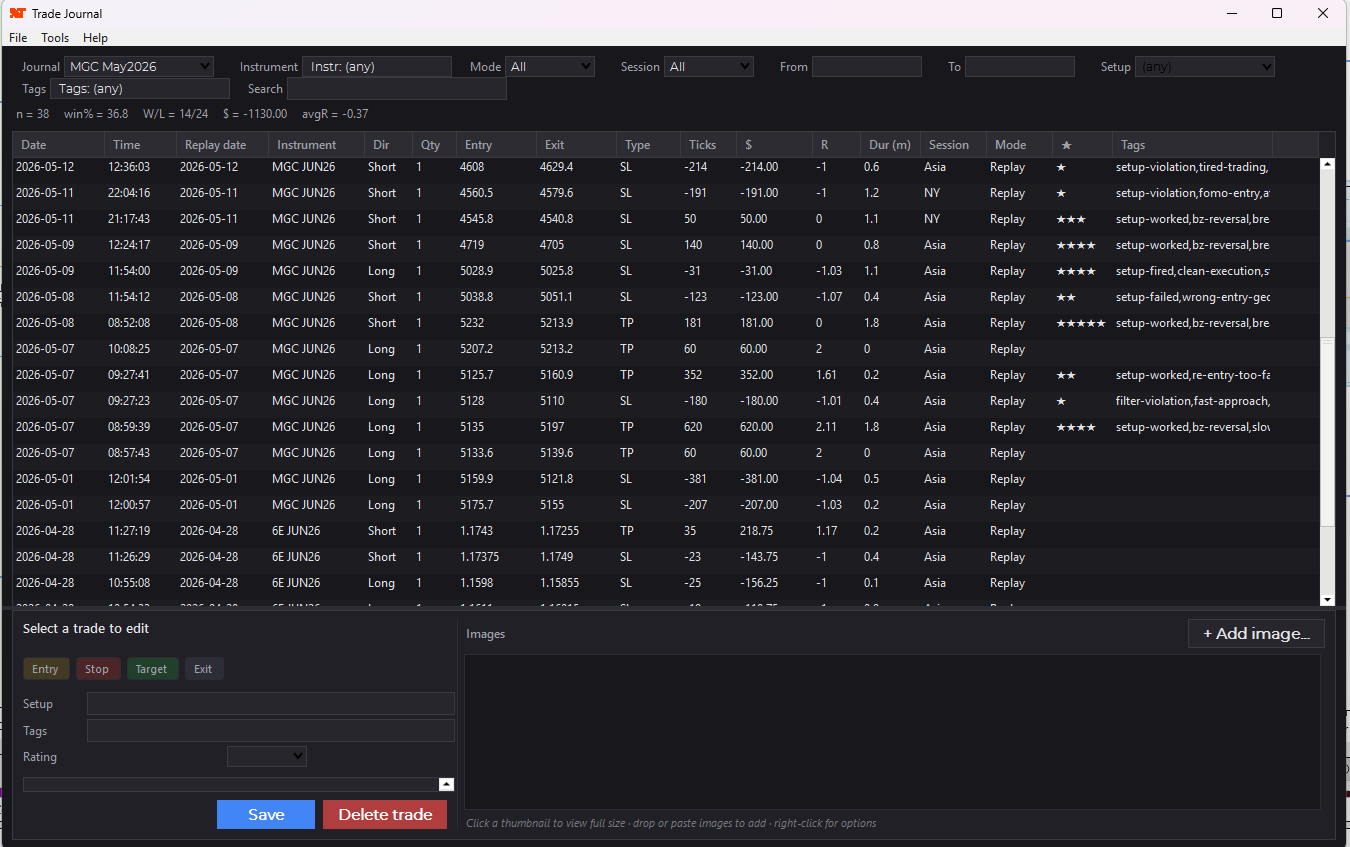 A custom NinjaTrader trade journal desktop app - a sortable table of replay trades showing instrument, entry and exit, R multiple, session and star ratings, with an image-attach panel - that the AI bridge reads and annotates.