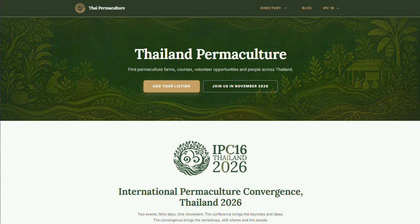 The Thailand Permaculture directory website built by Cellsior - a listings site in the permaculture space, organised into searchable categories.