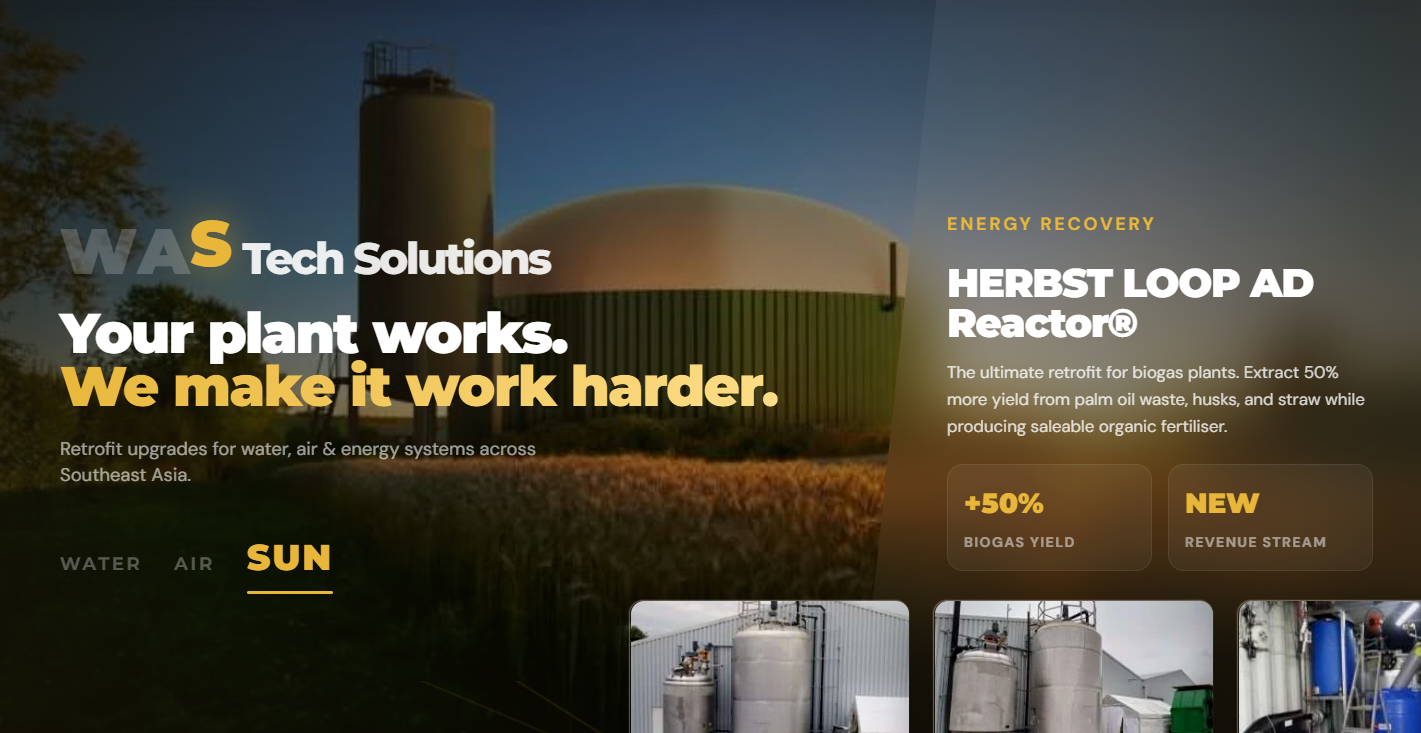 The WAS Tech website built by Cellsior - an industrial-strength site for an environmental retrofit company, built on a custom Monolith WordPress theme.